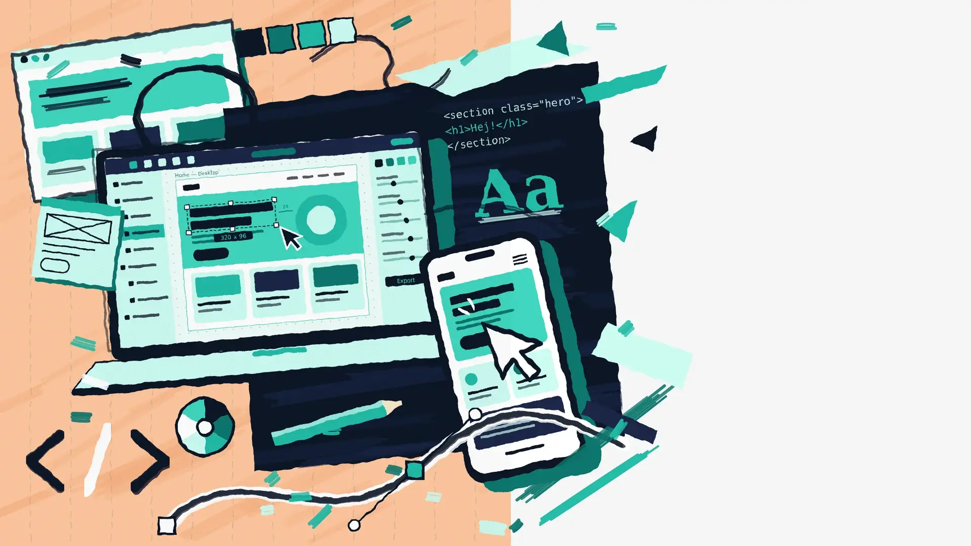 Illustration of a website being designed on a desktop screen and a phone, with code and design tools