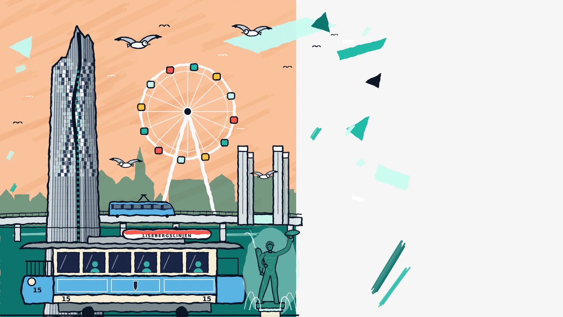 Illustration av Göteborg med Karlatornet, ett pariserhjul, spårvagn 15 och Poseidonstatyn