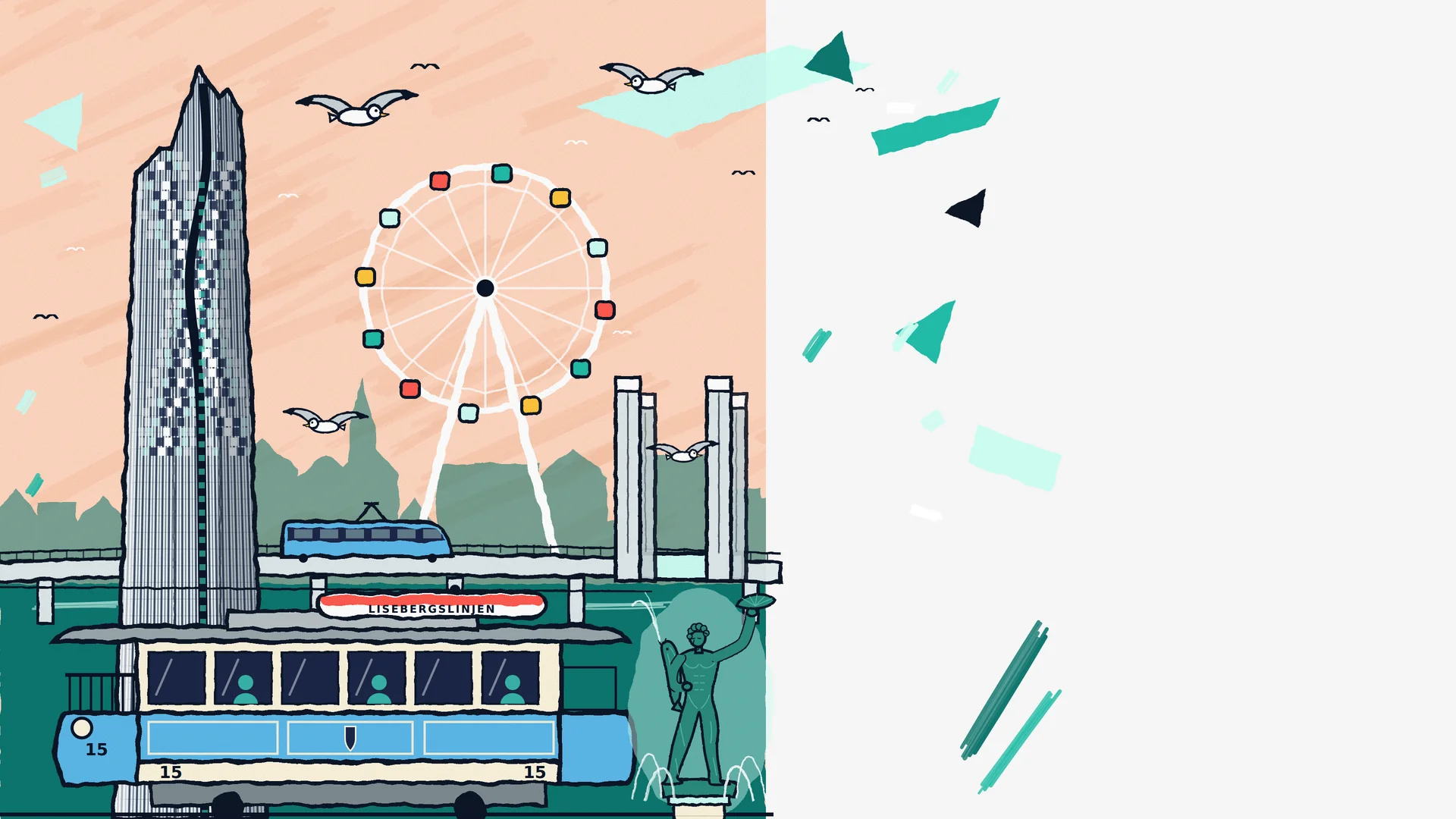 Illustration av Göteborg med Karlatornet, ett pariserhjul, spårvagn 15 och Poseidonstatyn