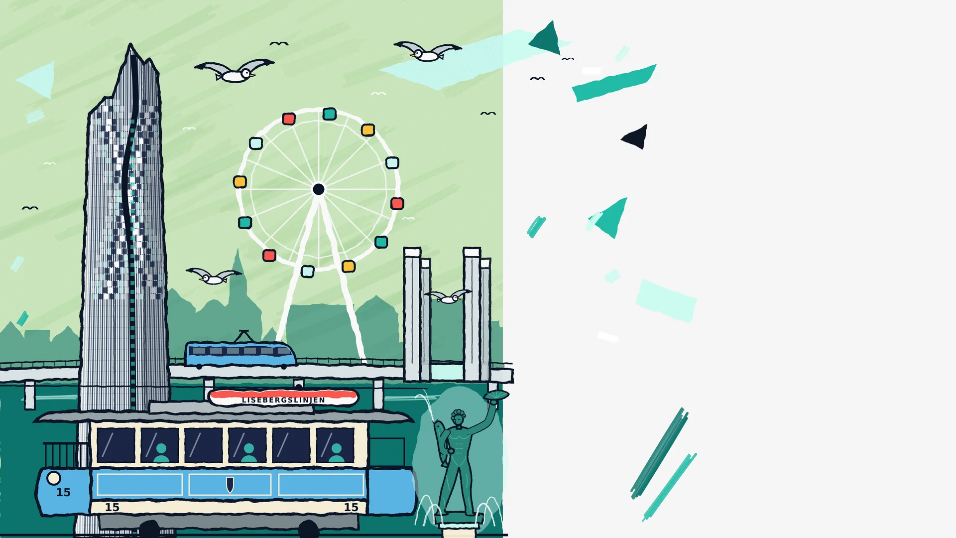 Illustration av Göteborg med Karlatornet, ett pariserhjul, spårvagn 15 och Poseidonstatyn