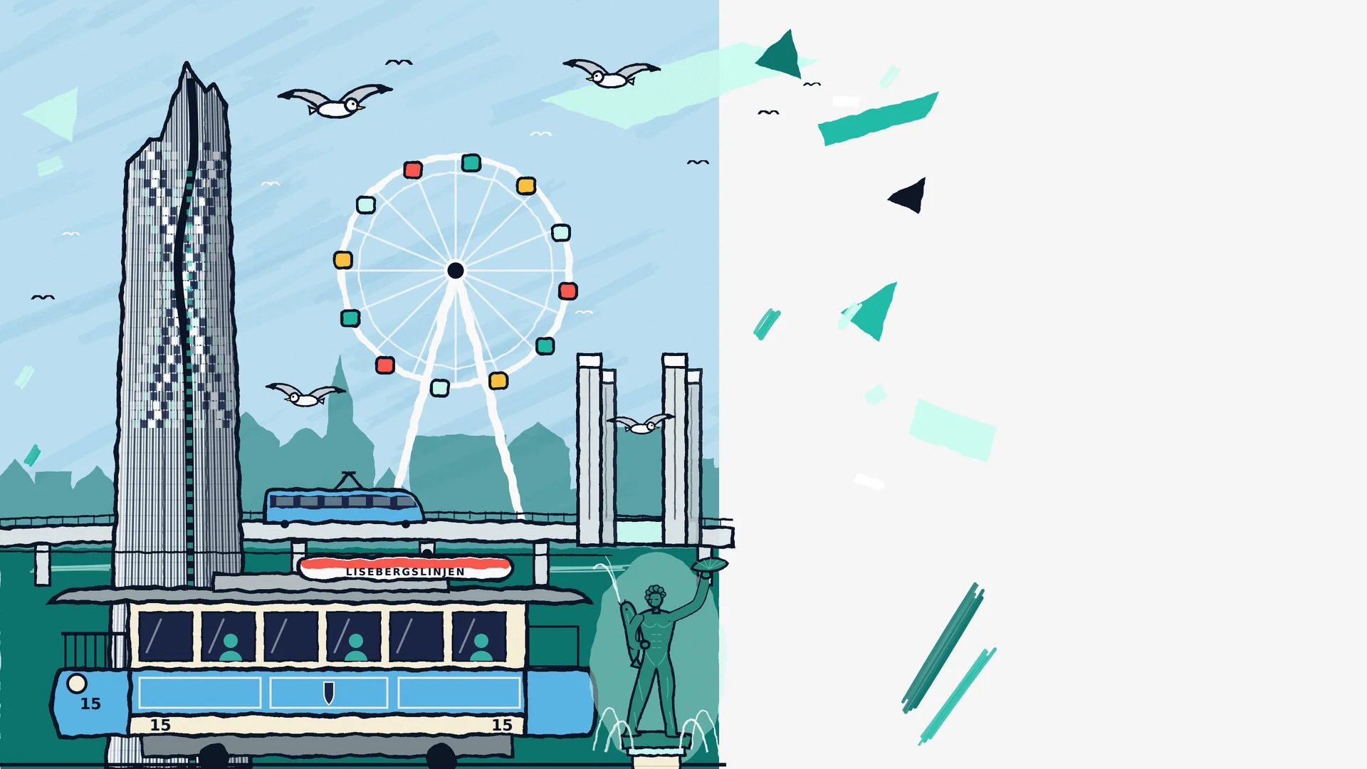 Illustration av Göteborg med Karlatornet, ett pariserhjul, spårvagn 15 och Poseidonstatyn