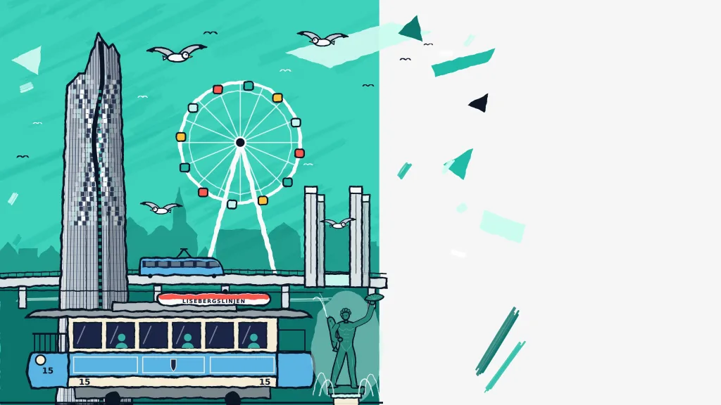 Illustration of Gothenburg with the Gothia Towers, the Ferris wheel and a Liseberg tram