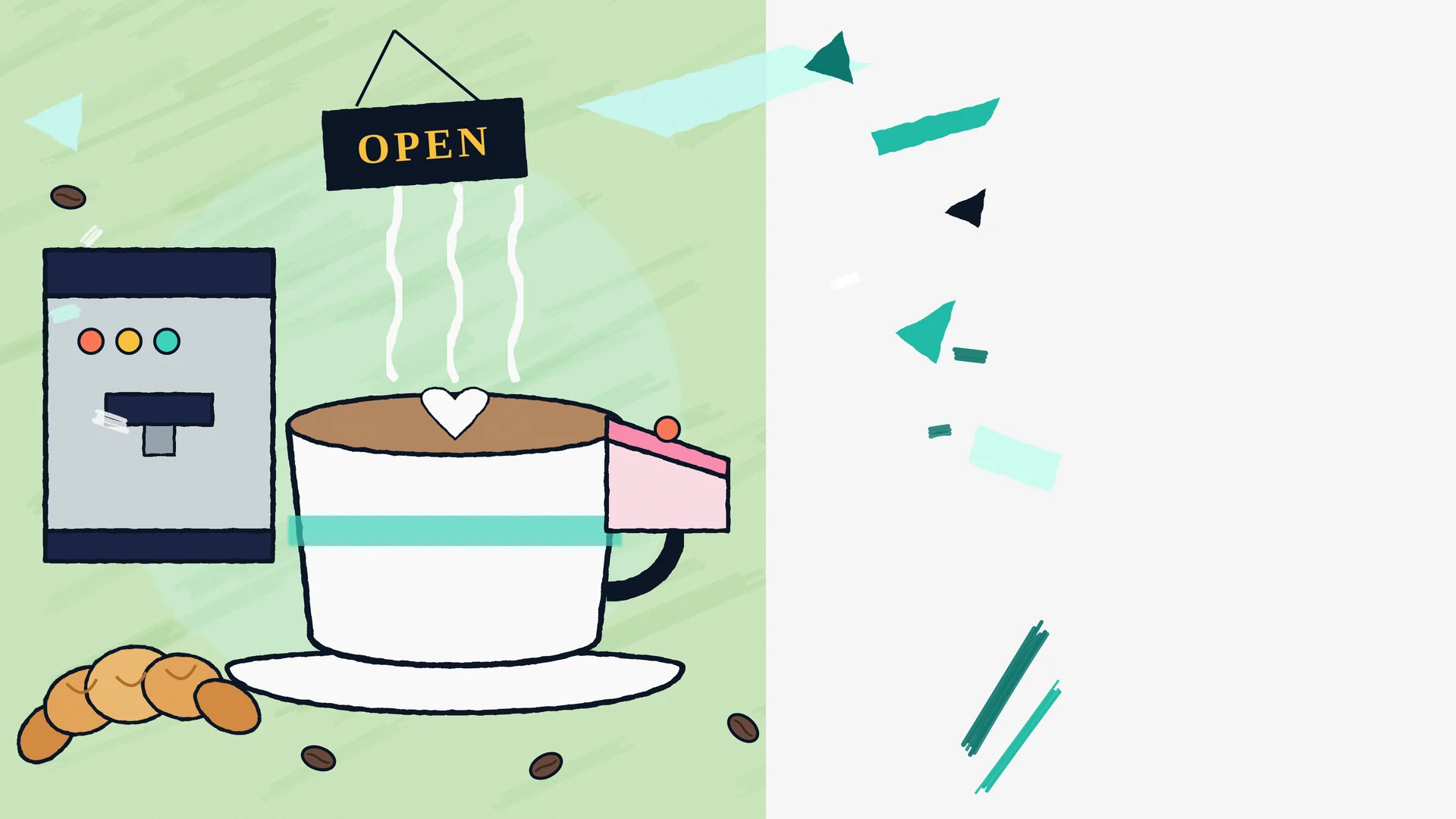 Illustration of a café with an espresso machine, a cup of coffee with latte art, cake, croissants and an Open sign