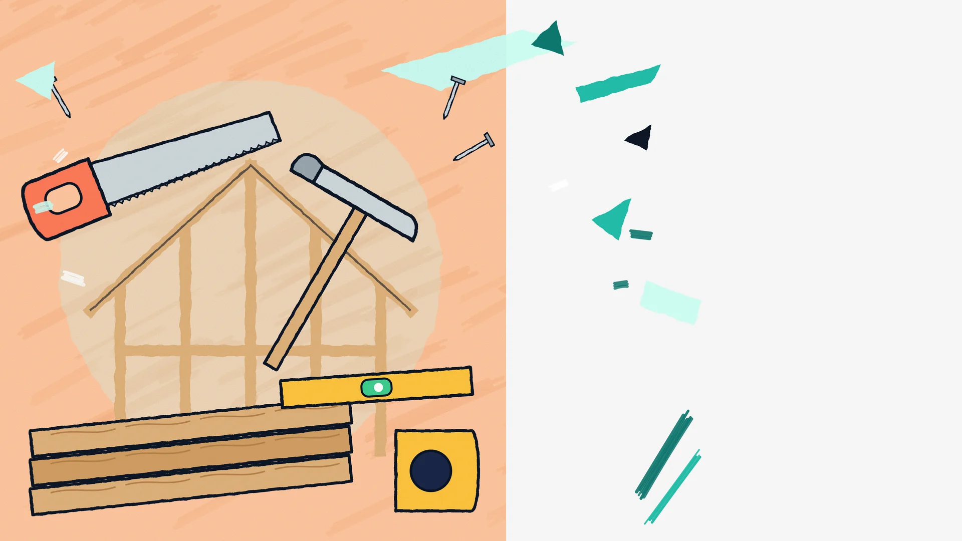 Illustration of a timber house frame with a saw, hammer, spirit level, tape measure and planks