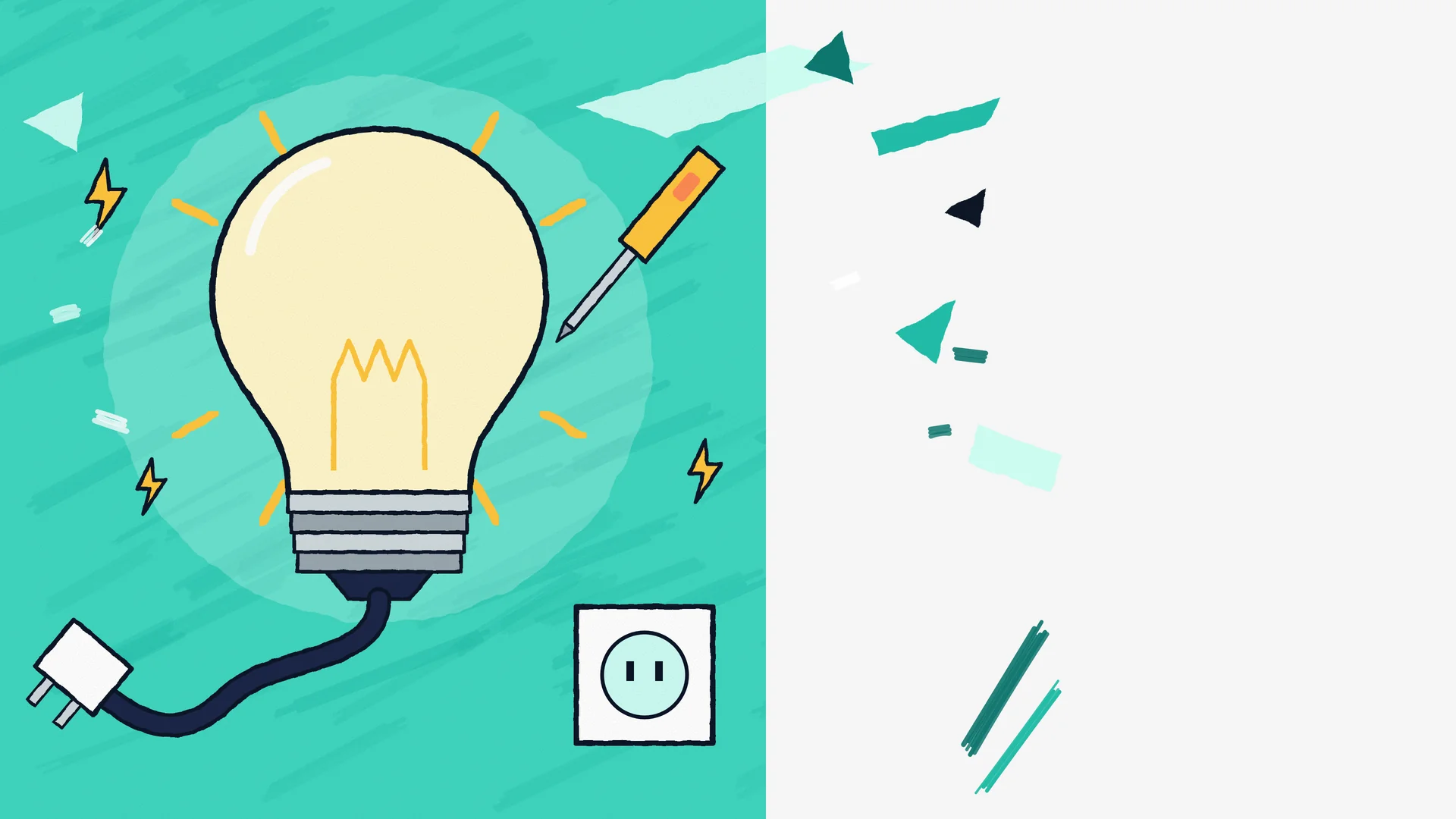 Illustration of a glowing light bulb with a screwdriver, plug and wall socket