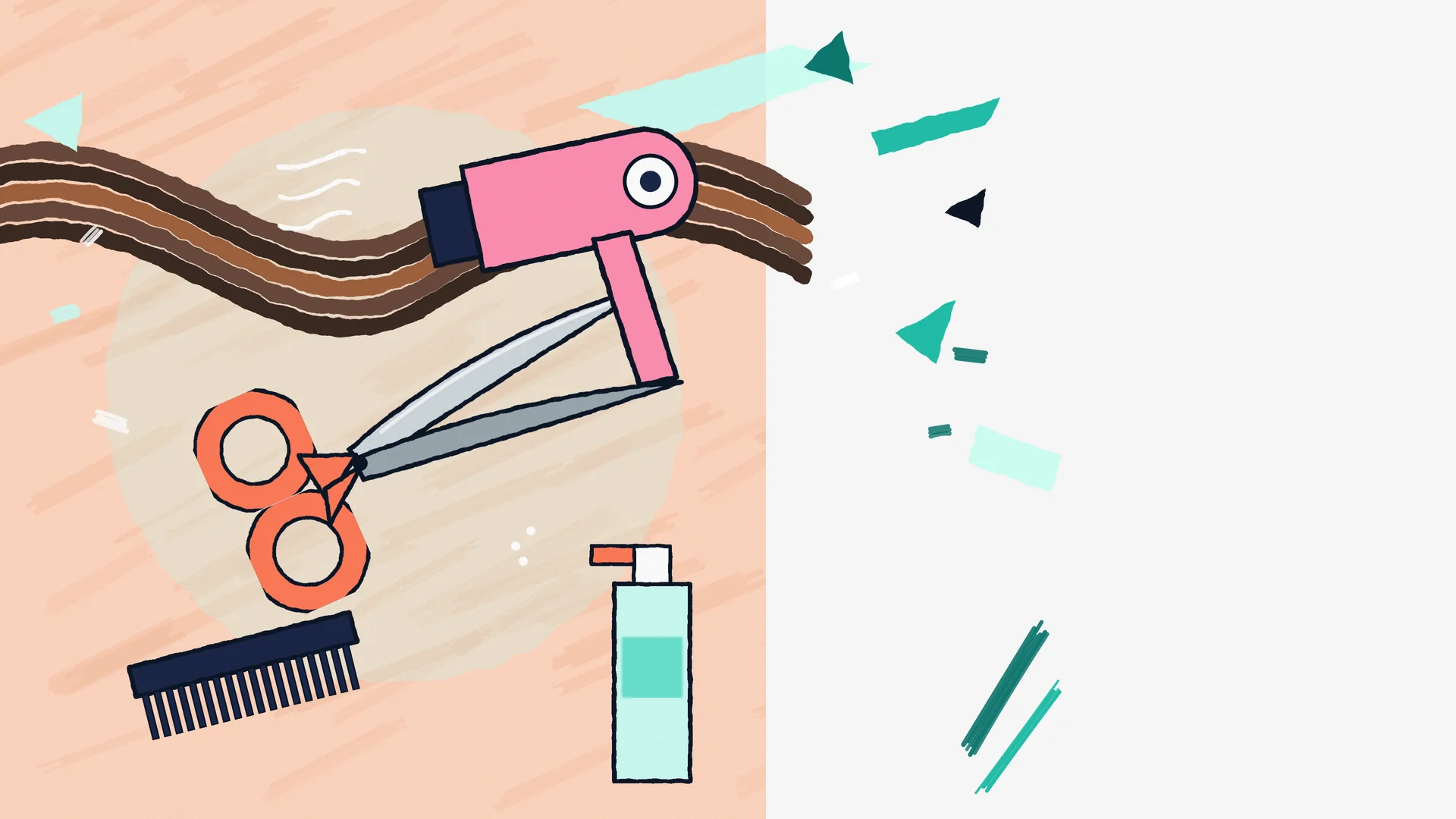 Illustration of a hairdryer, scissors, comb and spray bottle with a lock of hair