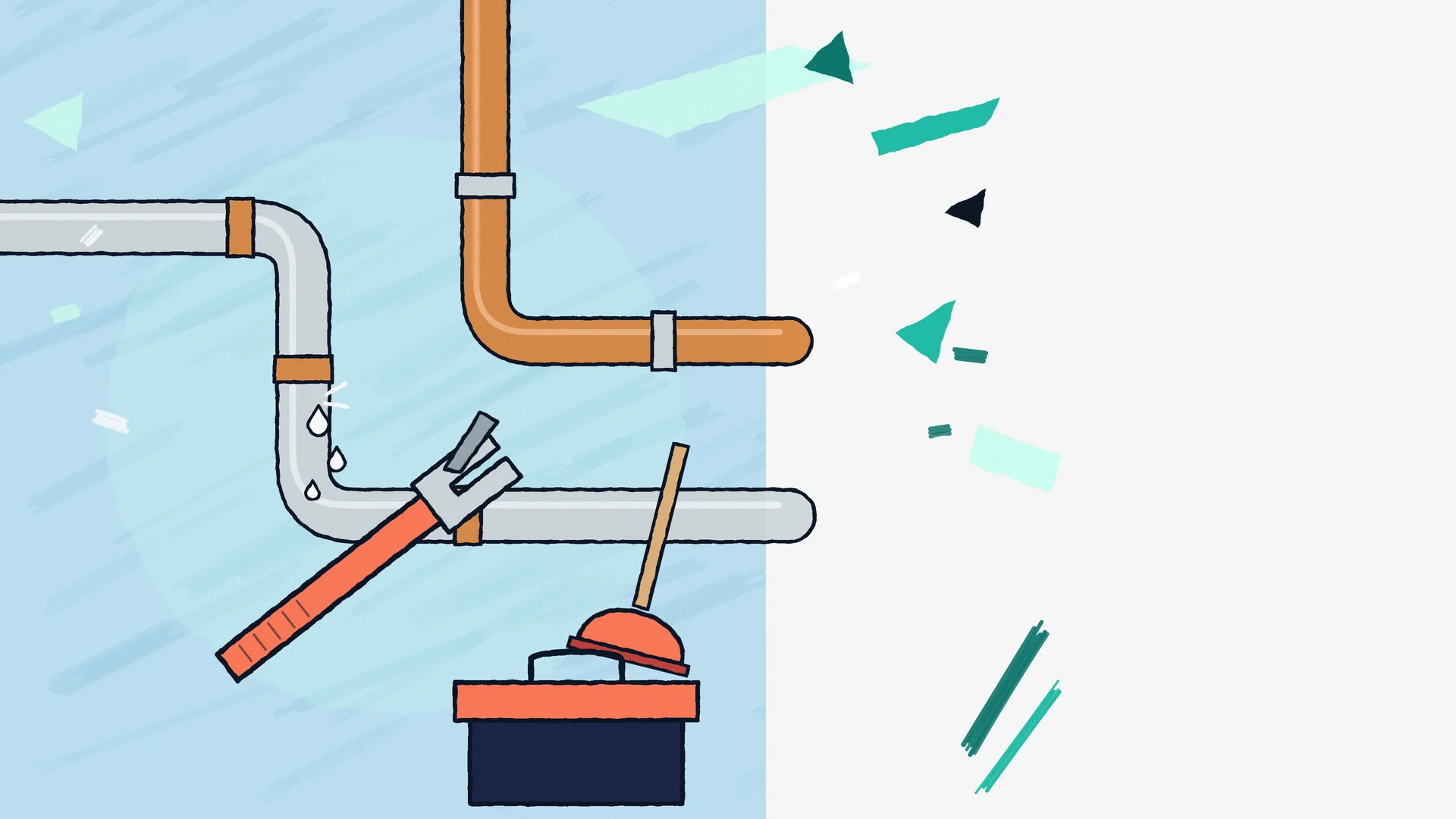 Illustration of copper and grey pipes with a dripping joint, a pipe wrench, plunger and toolbox