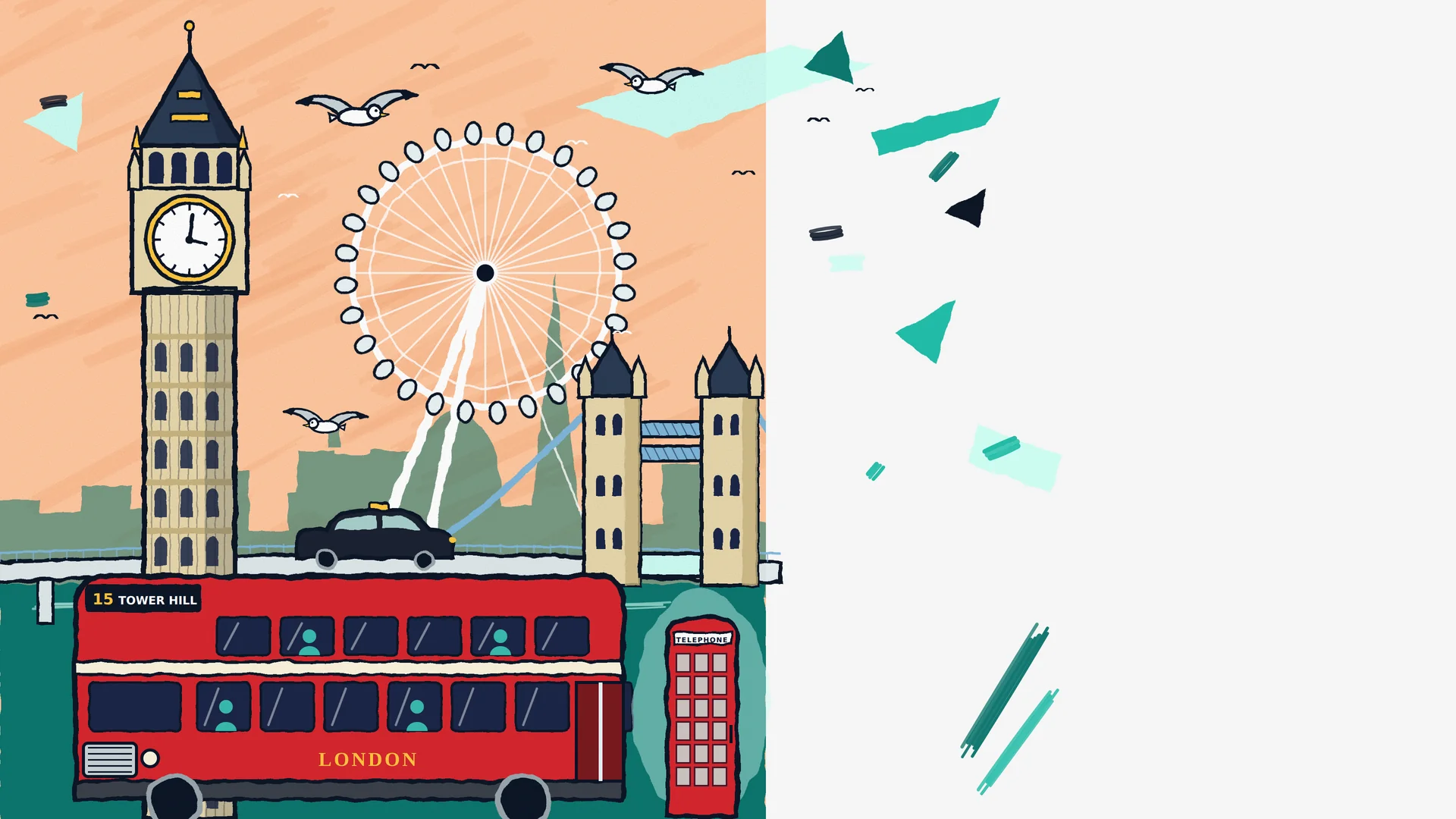 Illustration of London with Big Ben, the London Eye, Tower Bridge, a black cab, a red double-decker bus and a phone box
