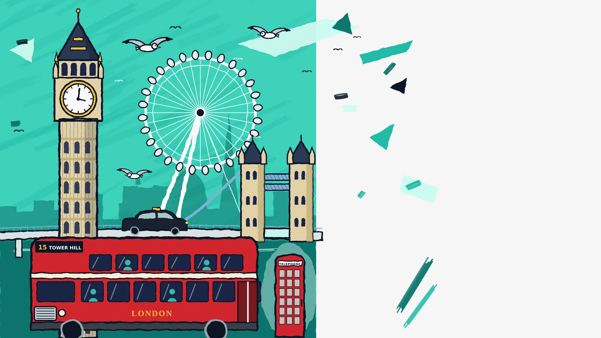 Illustration of London with Big Ben, the London Eye, Tower Bridge, a black cab, a red double-decker bus and a phone box