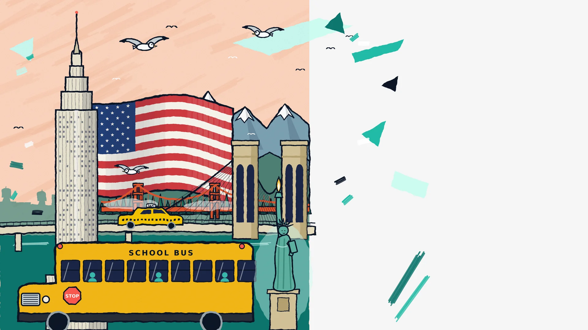 Illustration of the United States with the Empire State Building, the US flag, the Golden Gate and Brooklyn bridges, mountains, a yellow taxi, a school bus and the Statue of Liberty