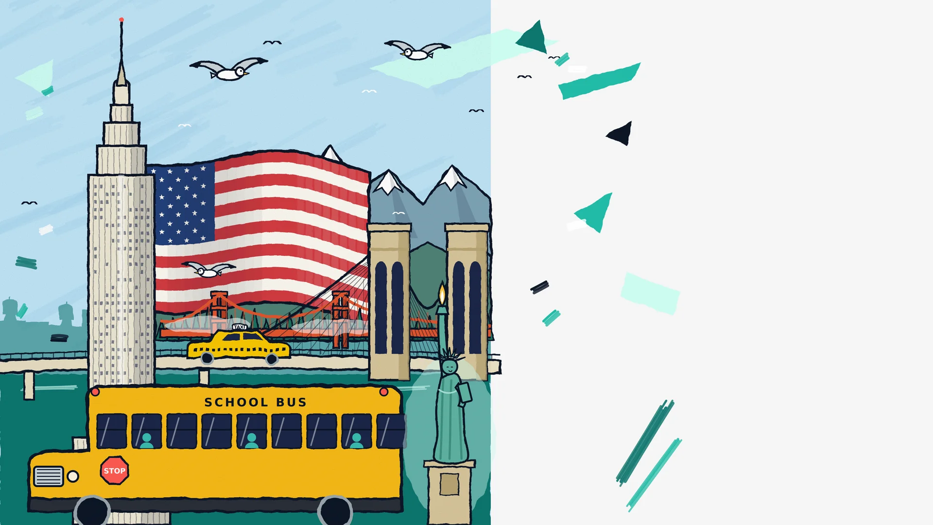 Illustration of the United States with the Empire State Building, the US flag, the Golden Gate and Brooklyn bridges, mountains, a yellow taxi, a school bus and the Statue of Liberty